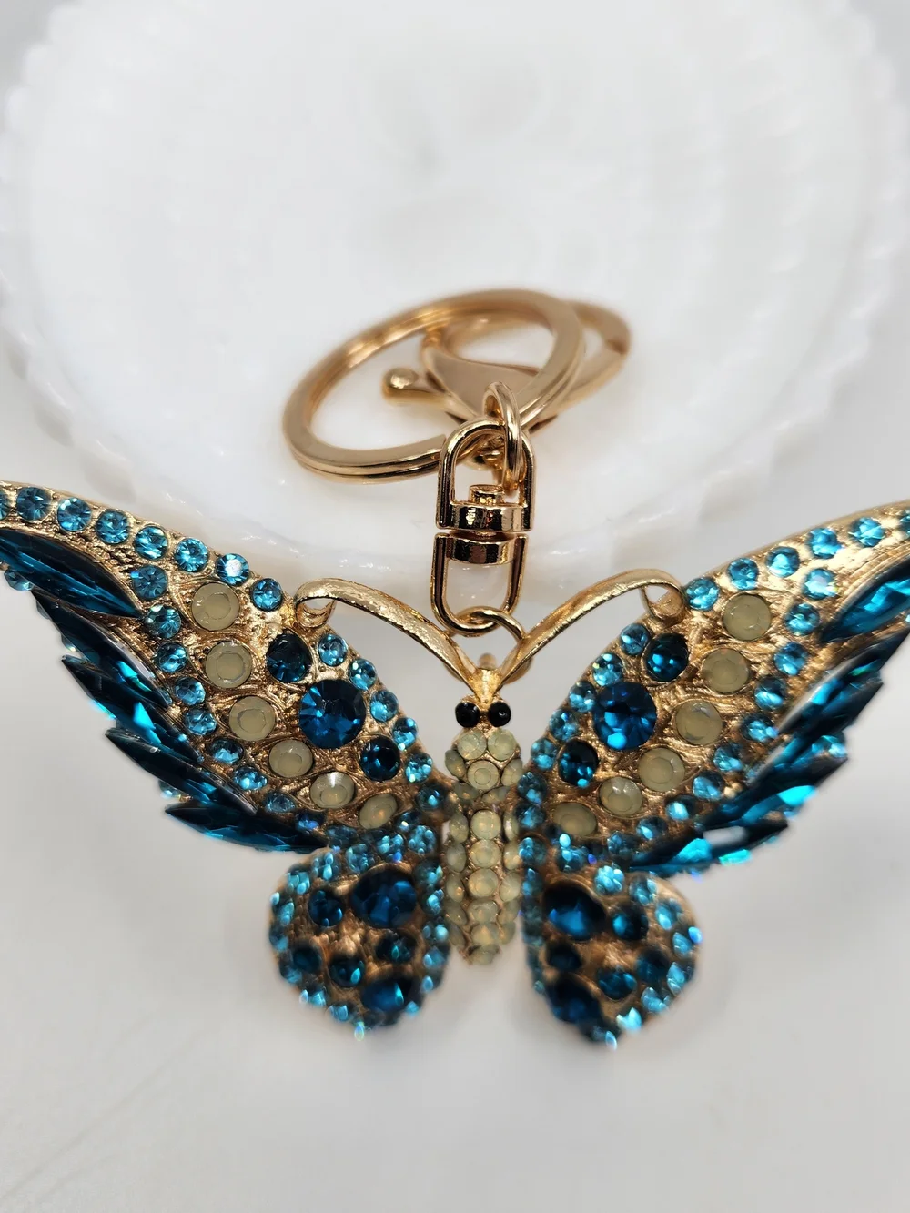 Gold-Tone Blue Crystal Butterfly Keychain Charm
